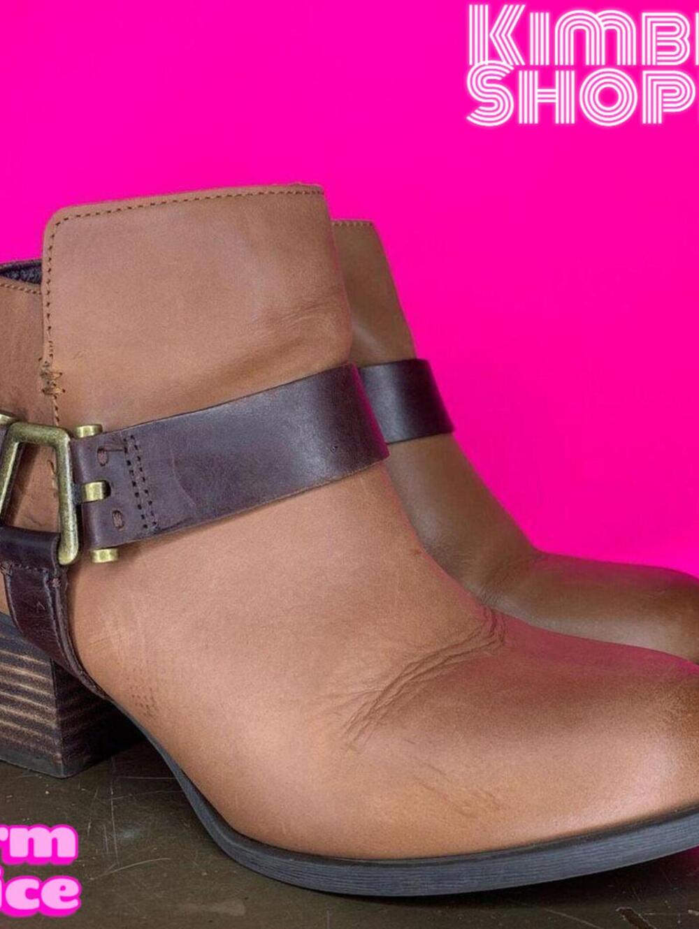 Aldo Arielle Brown Leather Harness Block Heel Ankle Boots US 7 EU 37.5